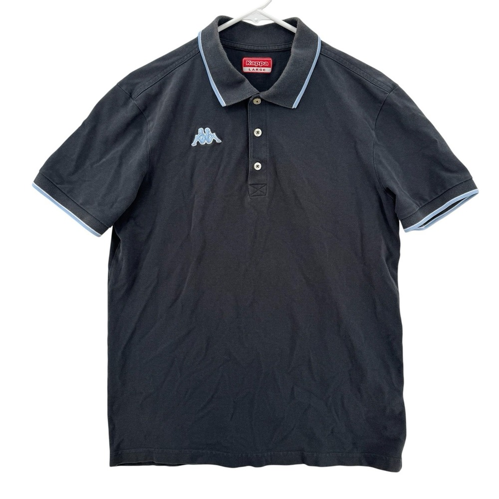 Kappa‎ Polo Shirt Mens Large Black Light Blue Trim Athletic Tennis Stretch